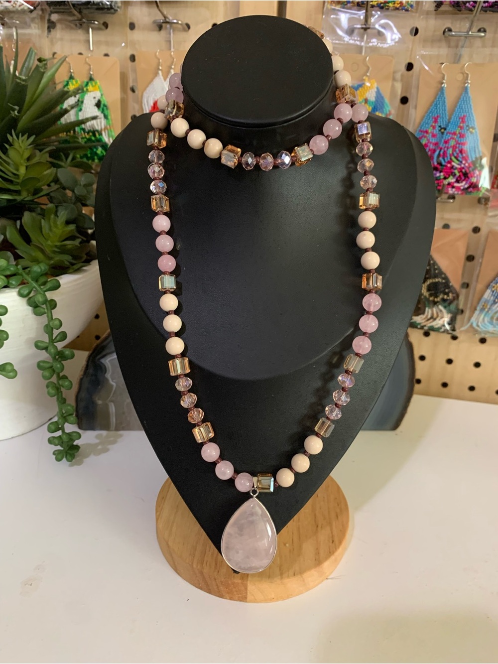 Rose Quartz Drop Pendant Layered Necklace in Pink and Cream